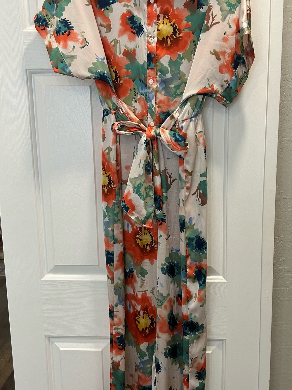Floral Button-Front satin jumpsuit with Tie Waist